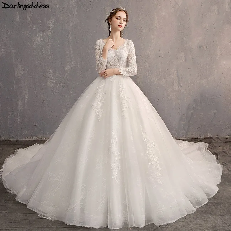 Женское свадебное платье с длинным рукавом Vestido de Noiva бальное открытой спиной и v образным вырезом большого