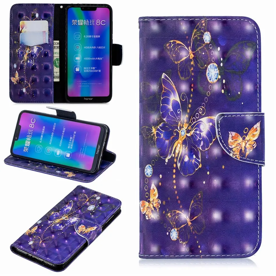 Чехлы с подставкой, кожаный чехол для huawei mate 10 20 Lite P10 P20 Pro Nova 3i P Smart Honor 8C Y5 Y6 Y7, слот для карт, бабочка D07Z