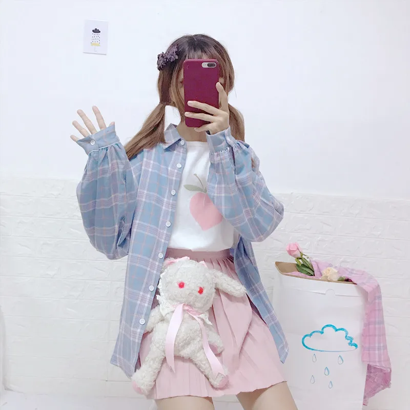 Harajuku девушка блузки для малышек женщин с длинным рукавом Свободные розовый