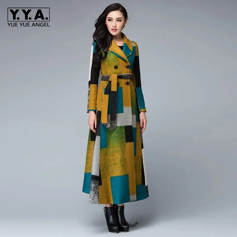 Женское облегающее шерстяное пальто с цветным принтом длинная теплая куртка