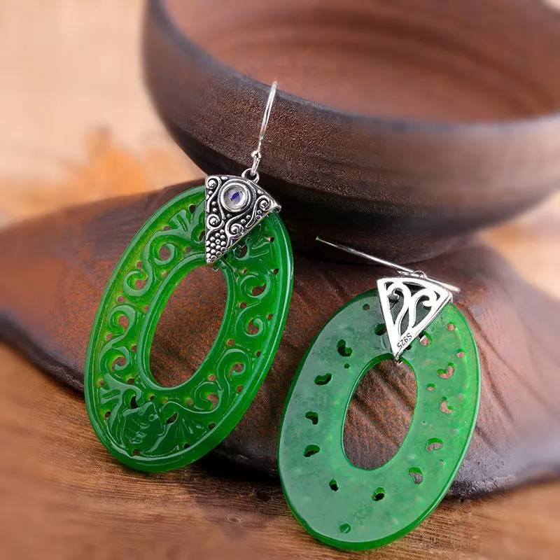 

2019 Elegant Hollow Oval Earrings Real 925 Sterling Silver Jade Gemstone Earrings For Women Original Fine Jewelry