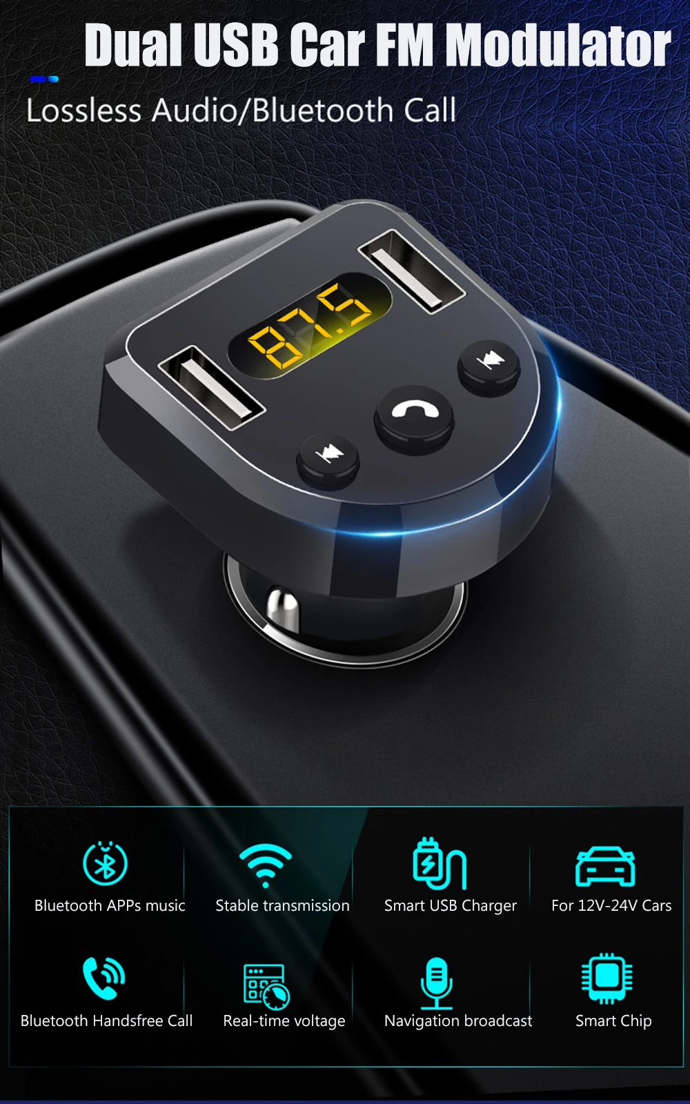 JINSERTA беспроводной громкой связи Bluetooth 5,0 fm-передатчик Автомобильный MP3-плеер Обнаружение напряжения Dual USB зарядное устройство Поддержка U диск