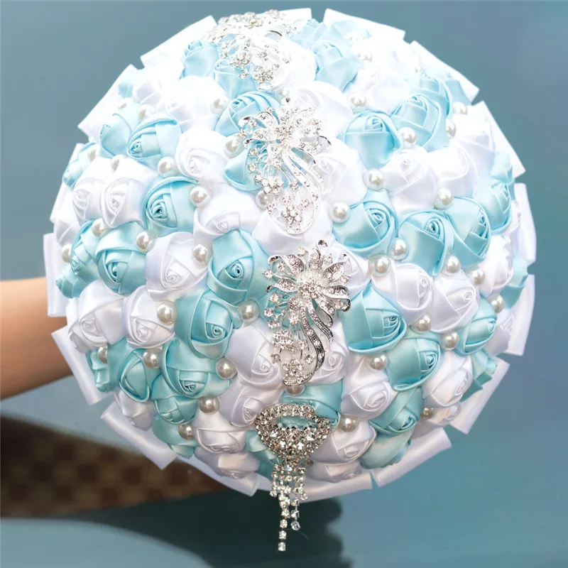 

24cm Size DIY Handmade Satin Ribbon Rose Flower Pearl Beads Artificial Flowers Wedding Bride Bouquet wedding bouquet charm W229
