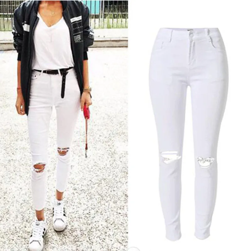Модные женские обтягивающие белые джинсовые брюки с дырками уличная одежда тонкие хлопковые узкие высокой