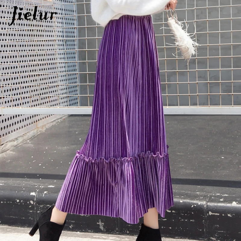 Jielur 2021 Chic Patchwork Velvet Midi Skirt Women Autumn Fashion High Waist Pleated Skirts 7 Colors Elegant Vintage Saia Female | Женская
