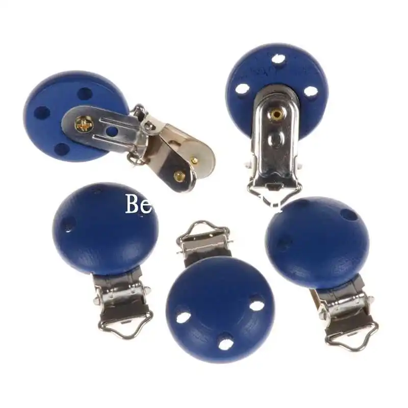 5 Pcs High Quality Blue Three Holes Round Wood Baby Pacifier Clip Holders Kids Feeding Cute Infant Soother Clasp 45x29mm | Дом и сад