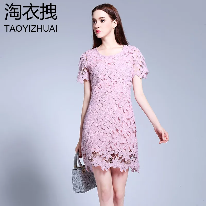 Elegant Women Pink Floral Lace Hollow Out Dresses Ladies Short Sleeve Party Casual Slim Mini Dress Plus Size 5XL Vestidos 21832 | Женская