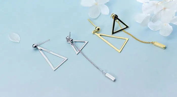 asymmetry Earrings Authentic Real 100% 925 Sterling Silver fine Jewelry hollow Triangle &ampStraight Bar Long GTLE2529 | Украшения и