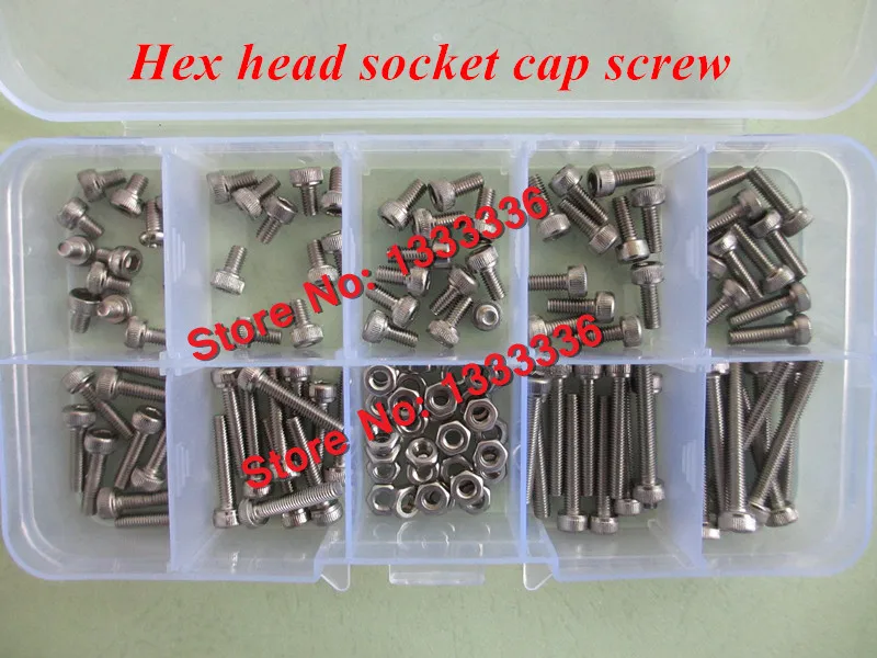 

120pcs/box M2 Screw/ Nut Hex Socket Head Cap Screw / Hex Nut A2-70 SS304 DIN912 Accesories Kits M2X4/5/6/8/10//12/16/20/25mm