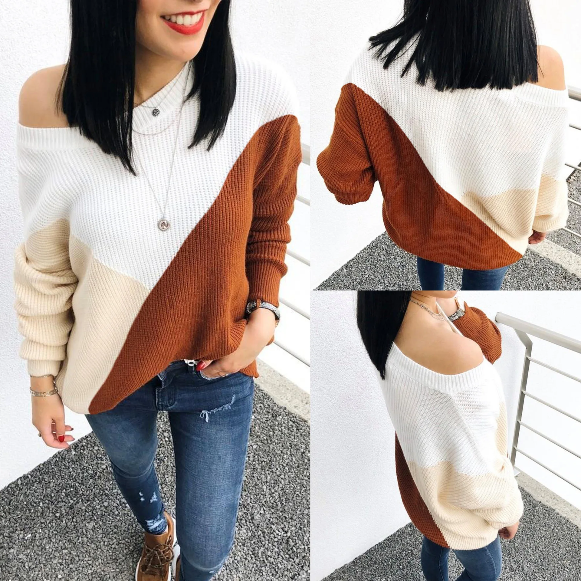 

Женский свитер с большими карманами, вязаный на компьютере длинный свитер лоскутного покроя с воротником-лодочкой, зима 2019