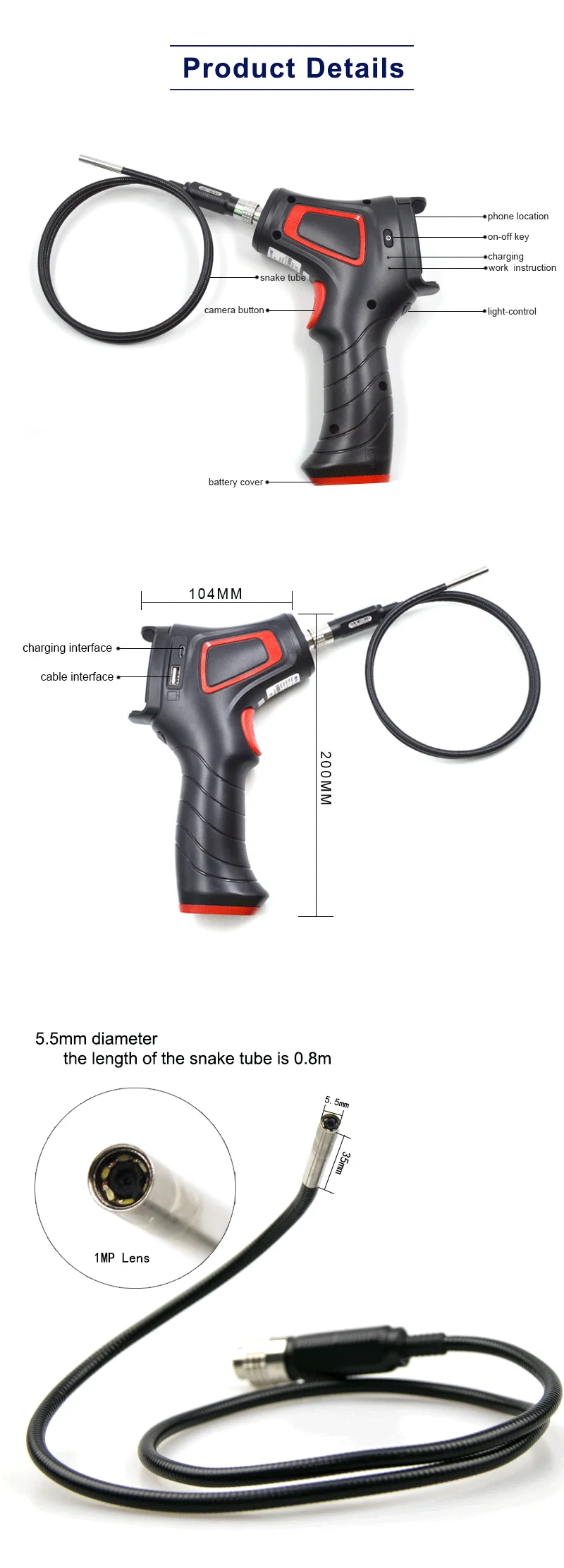Профессиональная промышленная камера Borescopes 6 регулируемый светодиодный светильник с 80 см трубкой бороскоп инструмент для технического обслуживания и ремонта транспортных средств