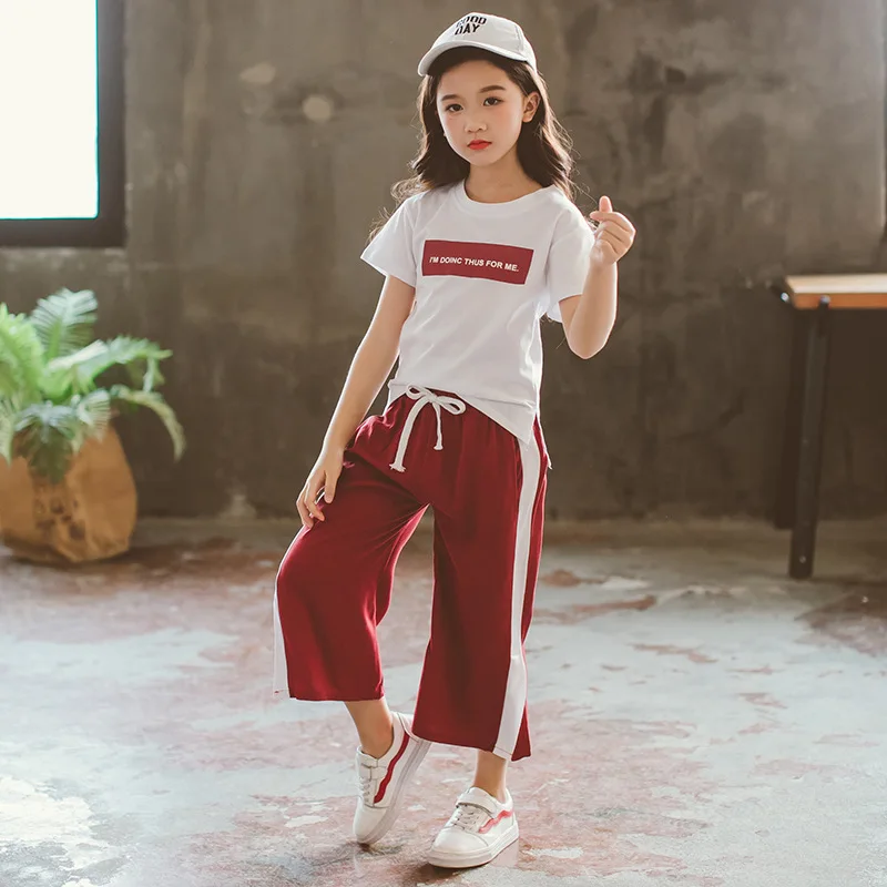 Летний комплект для девочек из 2 предметов хлопковые топы с короткими рукавами +