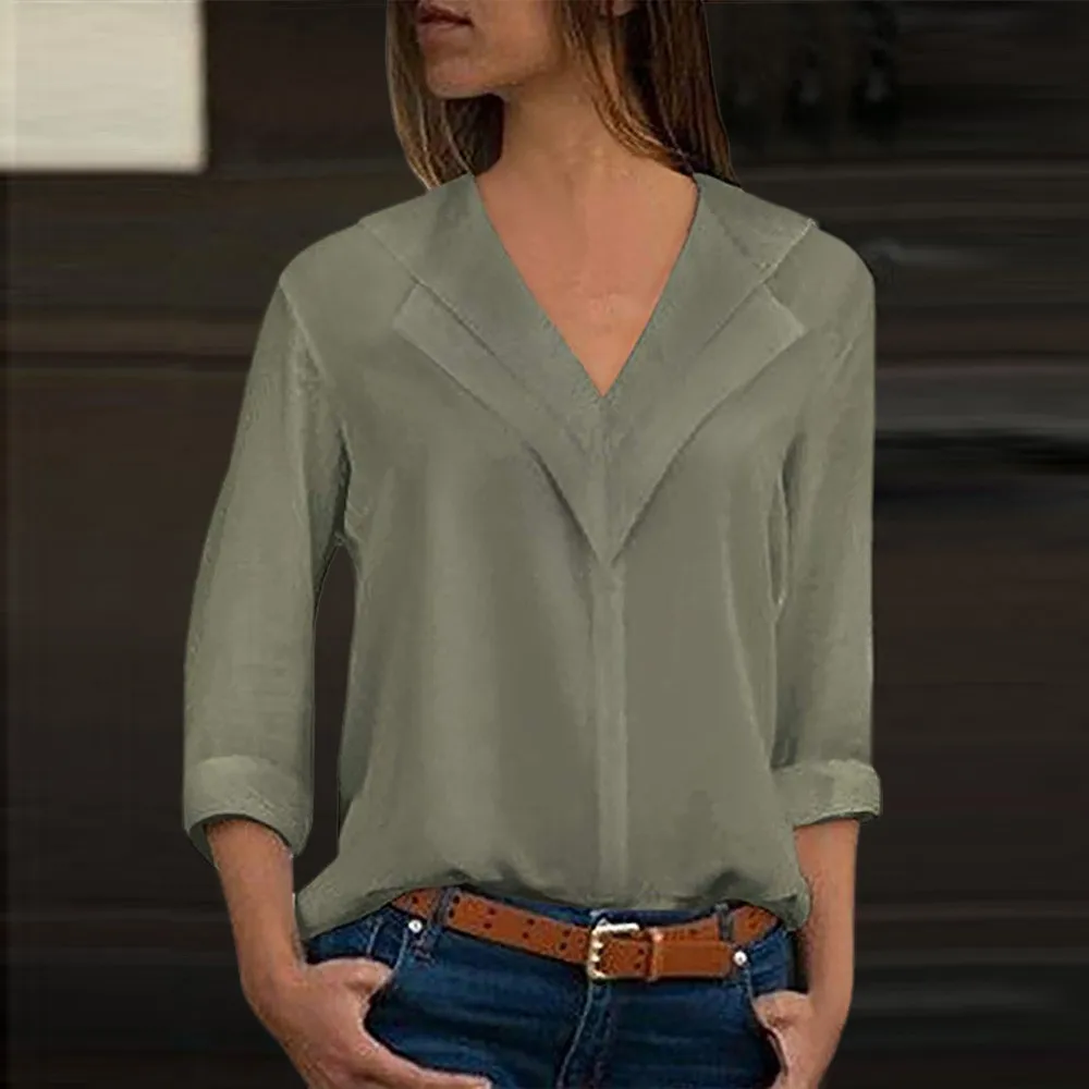 Женская блузка модная однотонная офисная шифоновая с расклешенным рукавом