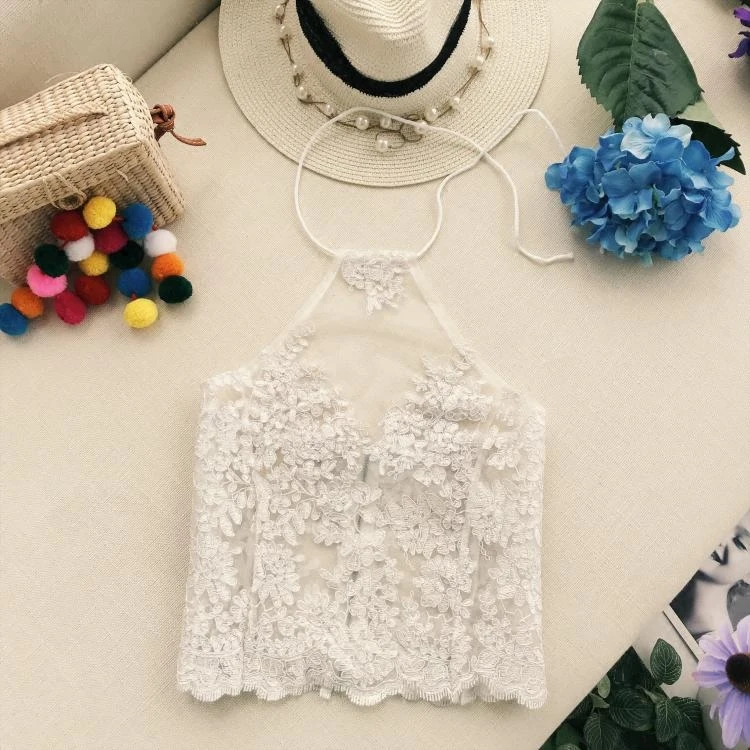 MUMUZI Mesh sheer lace cropped tops sexy halter neck thin vest summer fashion flower crochet spaghetti women | Женская одежда