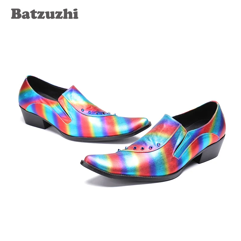 Batzuzhi/Модная Мужская обувь яркие разноцветные кожаные туфли мужские с заклепками