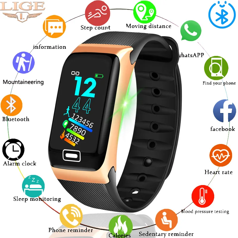 LIGE Smart fitness Band Watch Men Heart Rate Blood Pressure Monitor Fitness Tracker Bracelet SmartBand Bluetooth bracelet | Электроника
