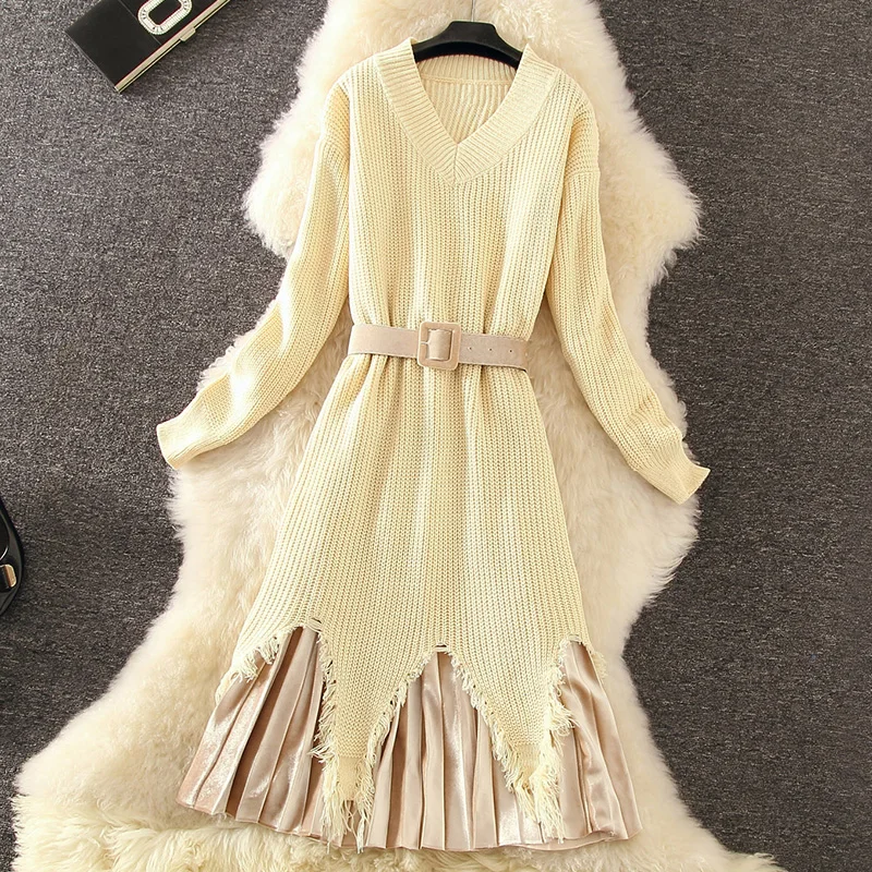 Женское платье свитер в рубчик ALPHALMODA комплект из 2 предметов с поясом на талии и