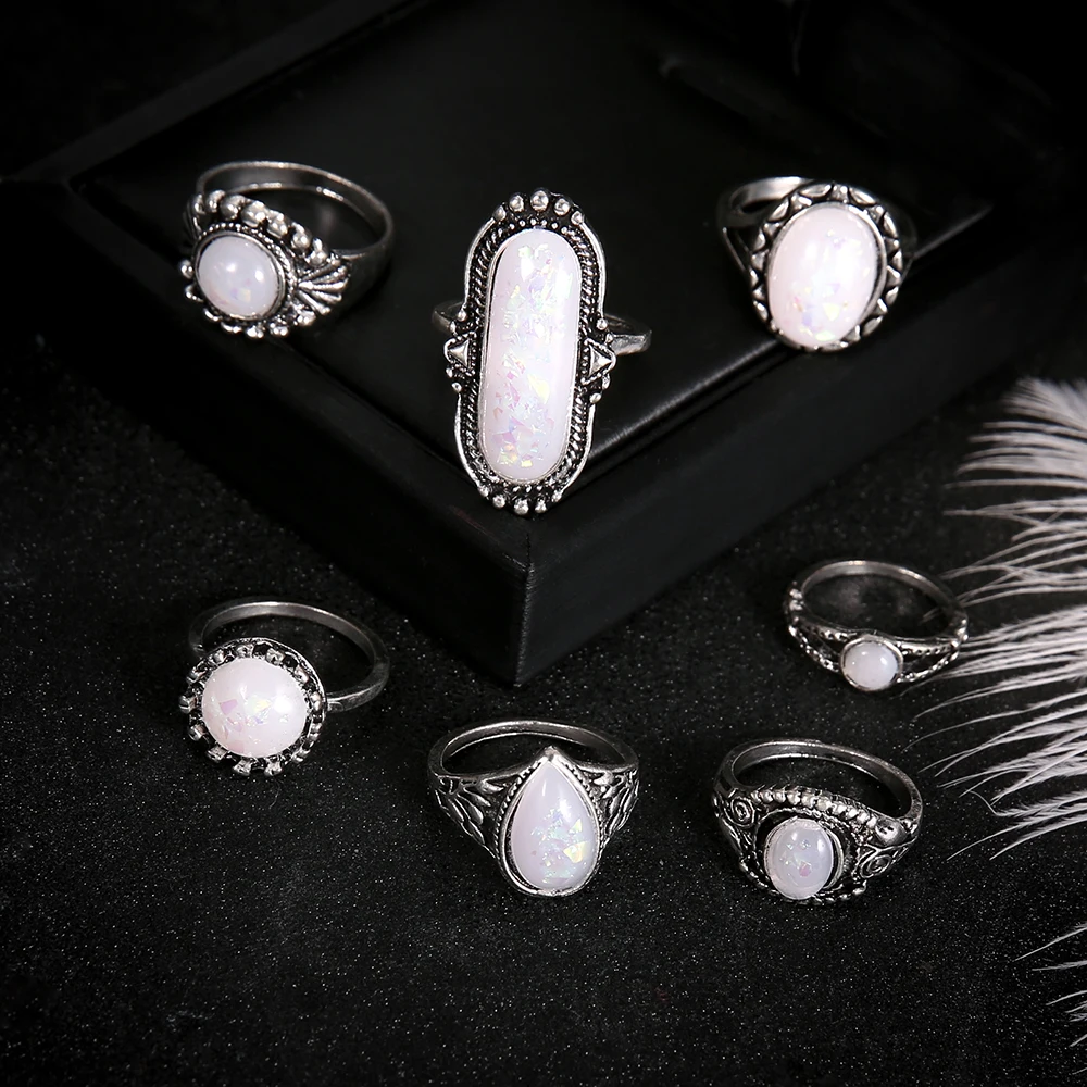

7 PCS/Set Mixed Geometric Opal Knuckle Rings Set for Women Boho Pattern Flower Midi Rings Female Party Bohemian Jewelry