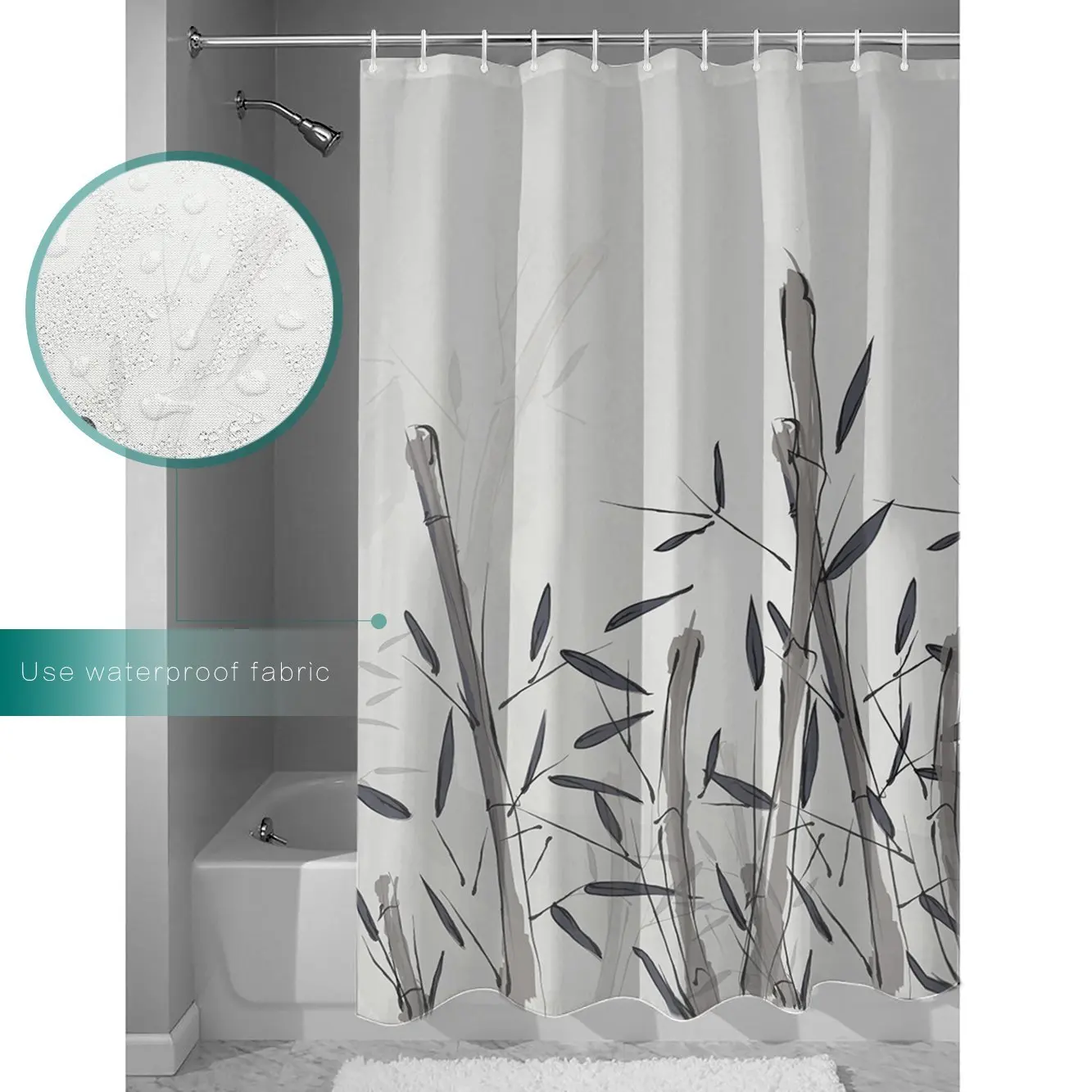 

Shower Curtain Fabric Bamboo Design 100% Polyester Curtain for Bathroom Waterproof & Anti-bacterial, Gray