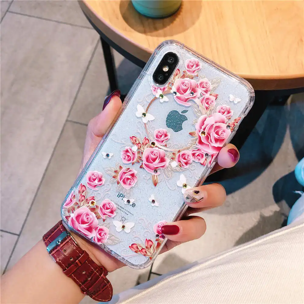 Rose Flower Phone Case For iPhone X XS MAX XR 6 6S 7 8 Plus Cases Silicone TPU Soft Moon Luxury Bling Cover Funda |