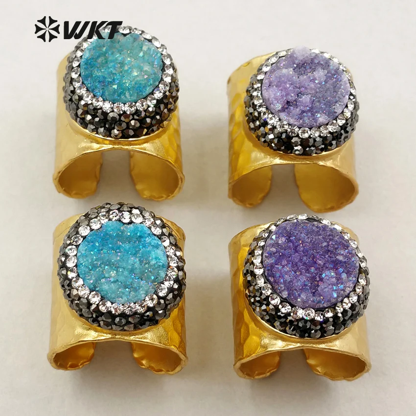 WT-RR010 Wholesale Custom CZ Paved Natural Round Linght Color Druzy Quartz Rings With Gold Adjustable Size For Women | Украшения и