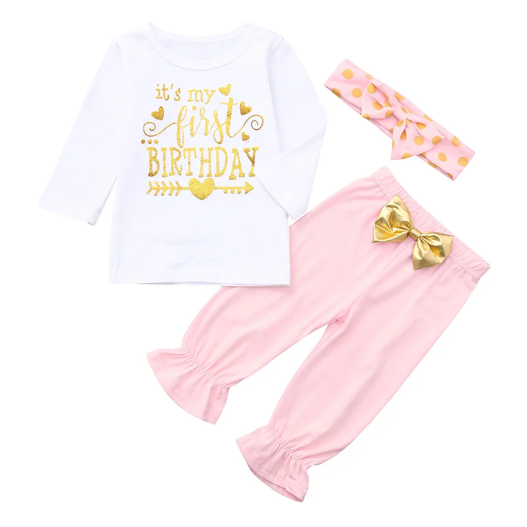 2019 ARLONEET NEWEST lovely baby girls 3Pcs Infant Baby Girls Letter Birthday Print Tops T-shirt Pants Outfits Set Z0214 |
