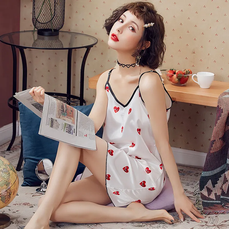 Roseheart Женская модная белая сексуальная ночная рубашка из искусственного шелка с