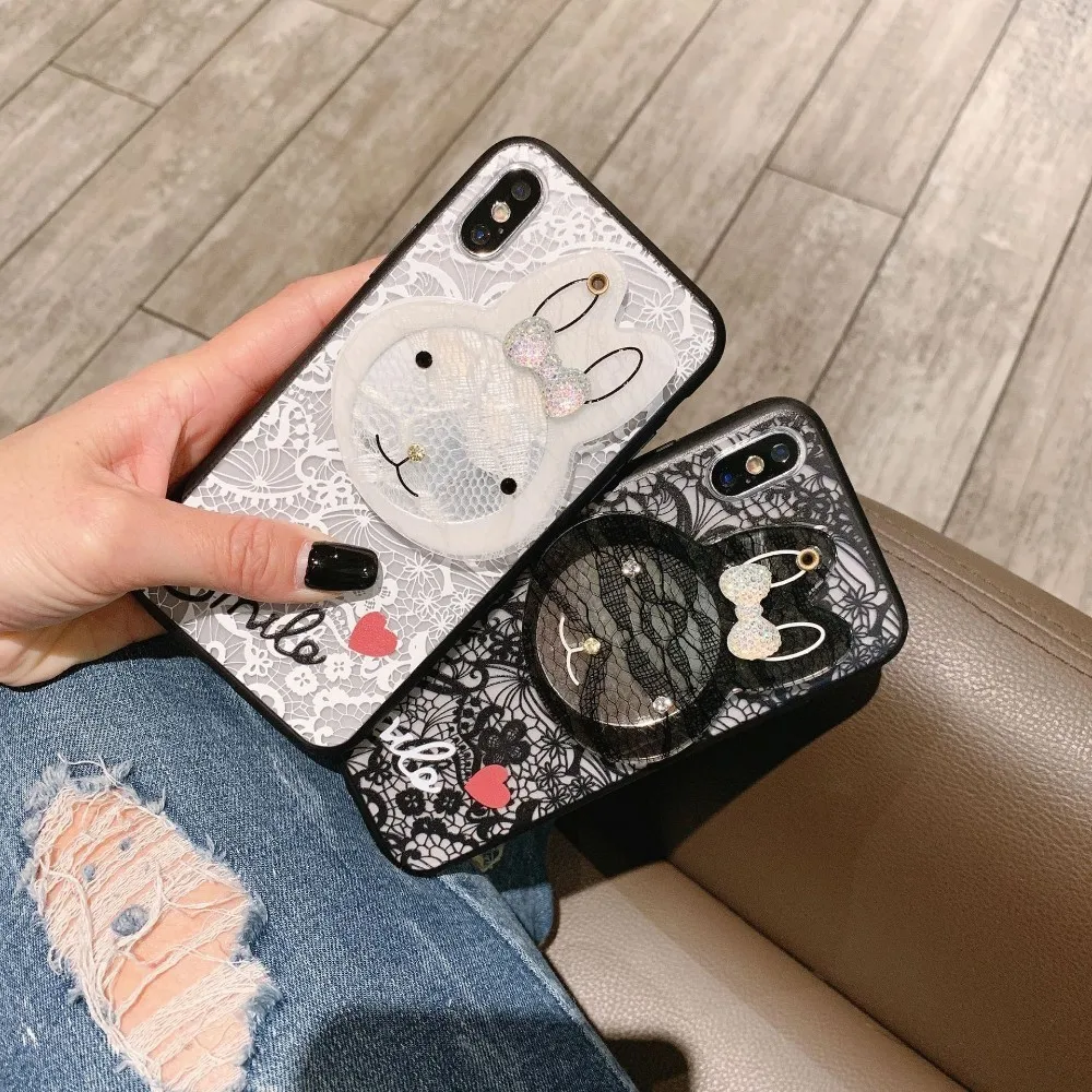 Кружевной чехол для телефона с зеркалом макияжа Iphone 7 XR XS Max 8 6S Plus милый кролик