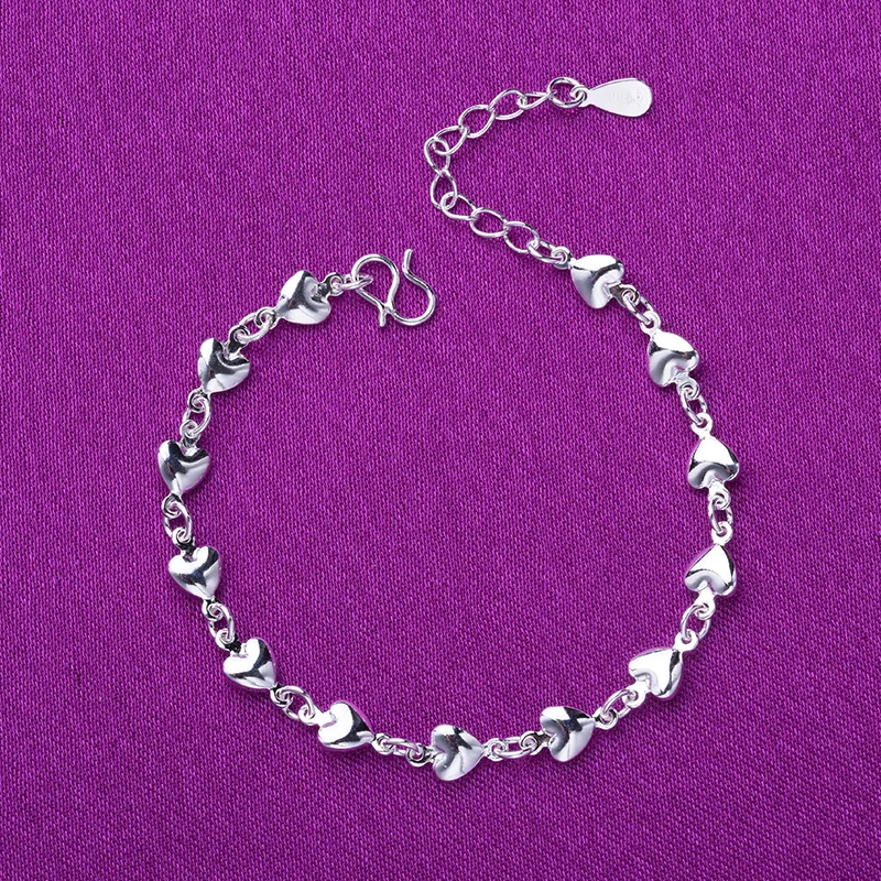 

925 Sterling Silver Link Chain Heart Charm Bracelets & Bangles For Women Wedding Gift Pulseira Feminina A183