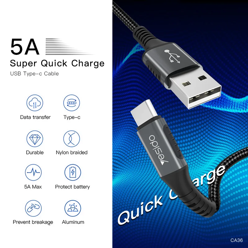 Yesido CA36 Кабель с разъемом usb-c для 5A быстрая Зарядное устройство Тип USB C кабель для samsung S9 Note 9 Oneplus 6 huawei P20 Быстрая зарядка провод, usb-кабель