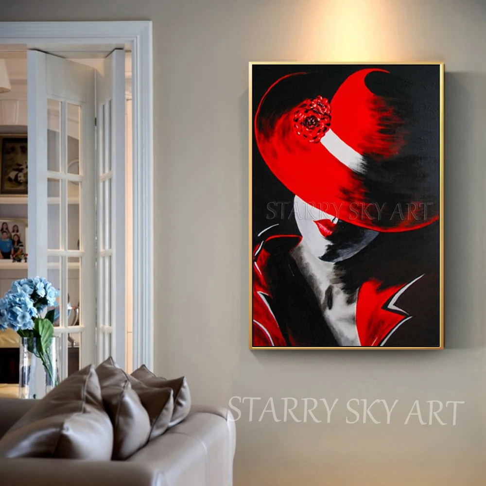 Beautiful Wall Art Fine Lady with Red Hat Oil Painting on Canvas Special Portrait for Decoration | Дом и сад