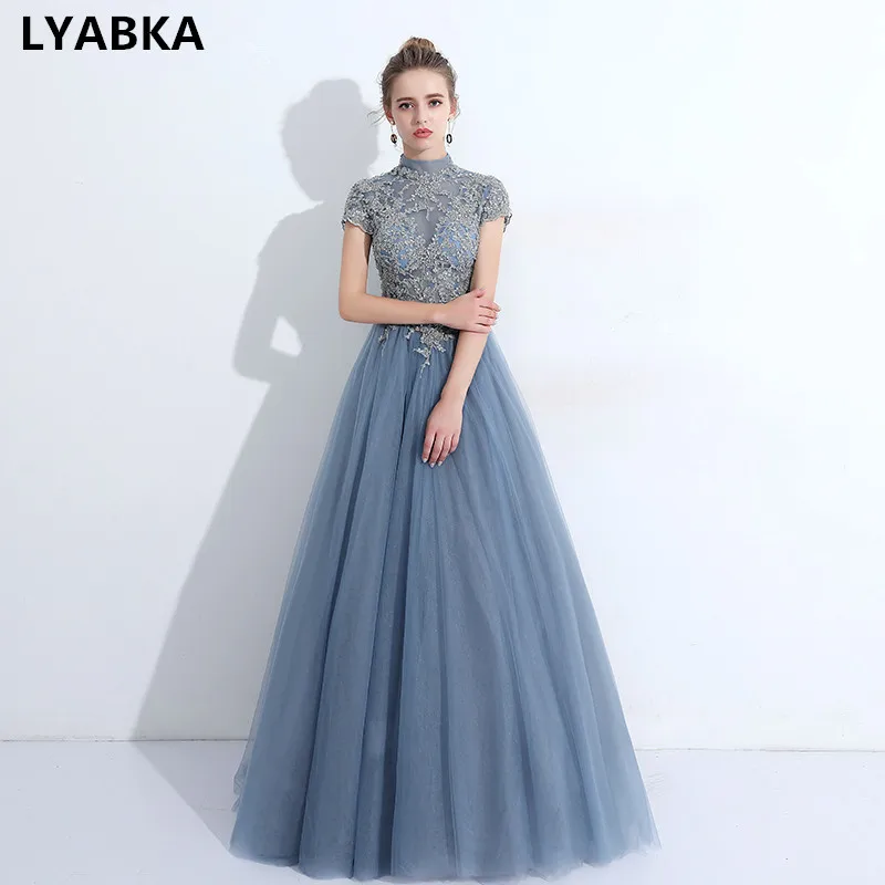 Вечернее платье длинное модное с высоким воротом коротким рукавом 2019|Вечерние