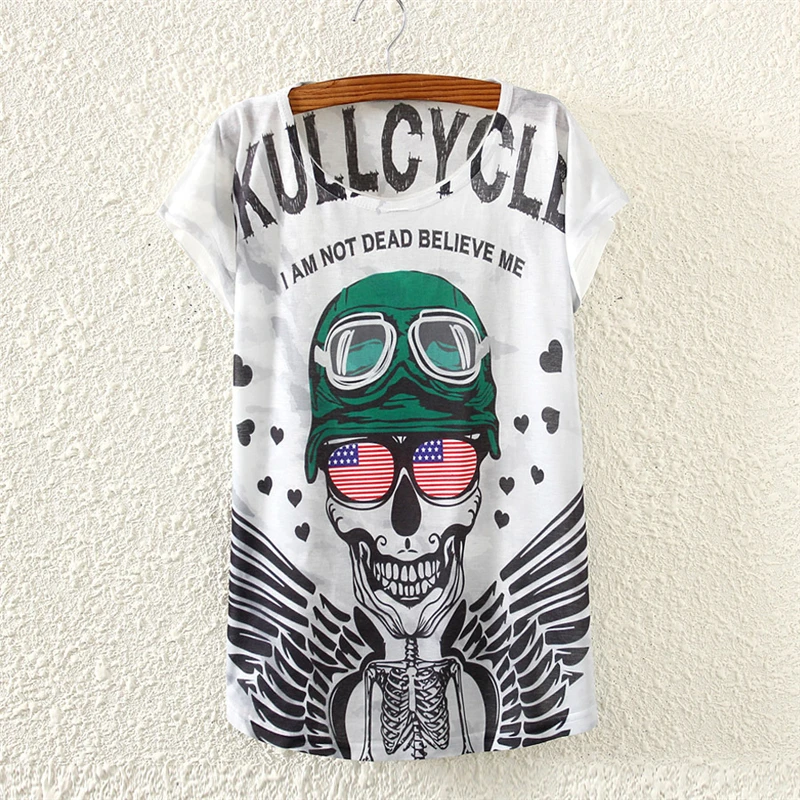 women's 2019 summer green hat skeleton angel wings printed round neck short-sleeved T-shirt loose fashion wild tees | Женская одежда