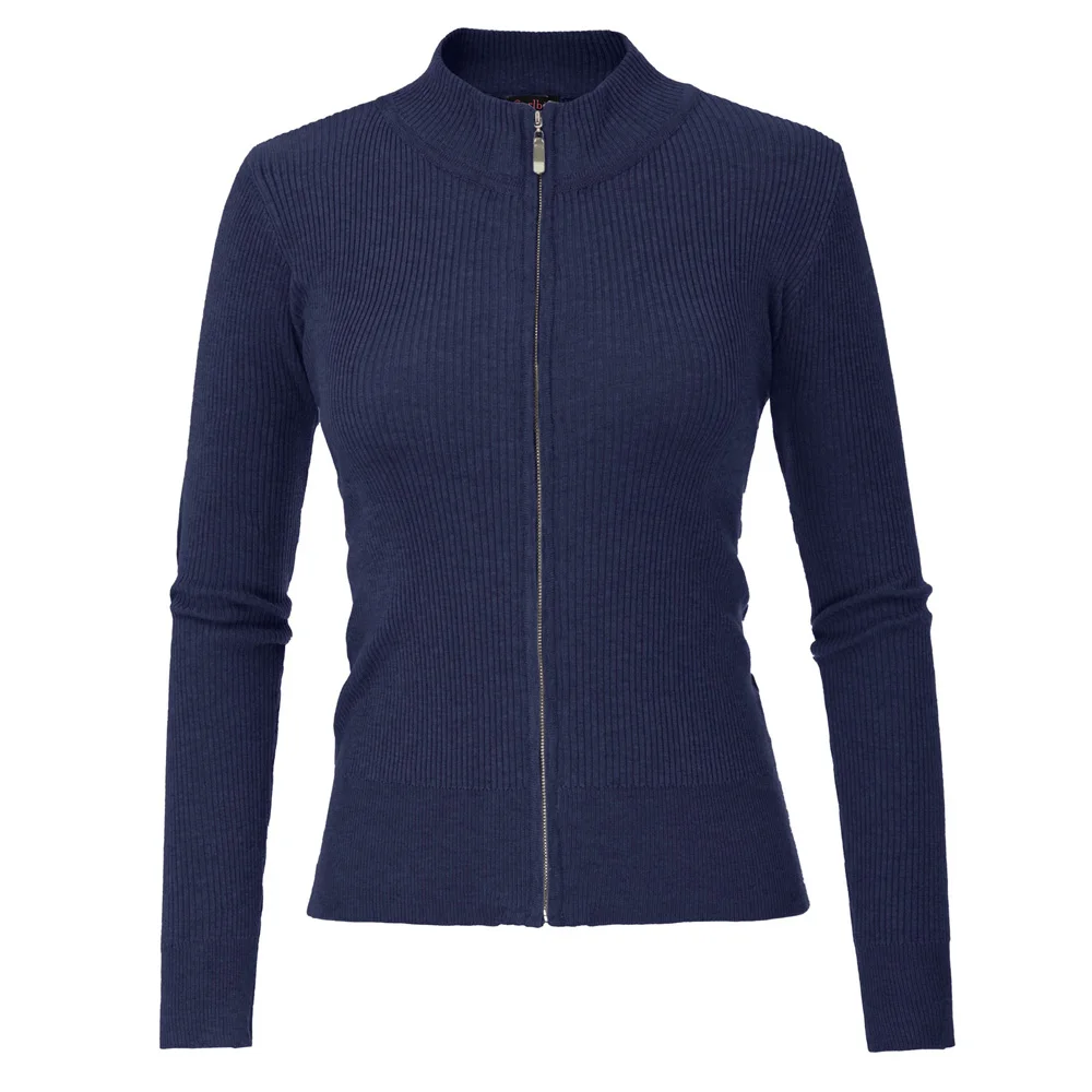 Navy Blue Весенне-осеннее вязаное пальто для женщин, однотонное, стоячий воротник, на молнии, трикотажный кардиган, вязаное, удобное пальто, куртка, трикотаж - Цвет: Navy Blue