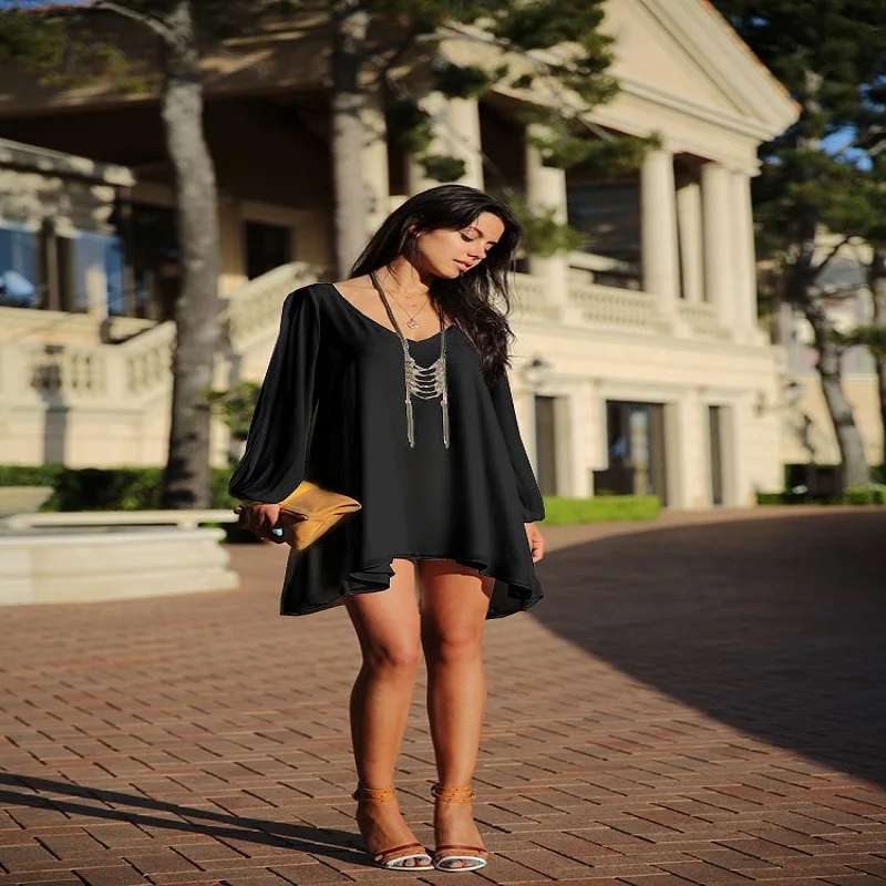 

Elegant sexy dress autumn Black and white and blue mini v - collared chiffon loose A - word dress fashion women