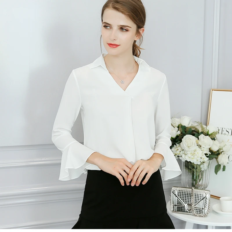 

2019 spring and summer new women's large size fashion sexy casual office wild pure color trend was thin chiffon shirt