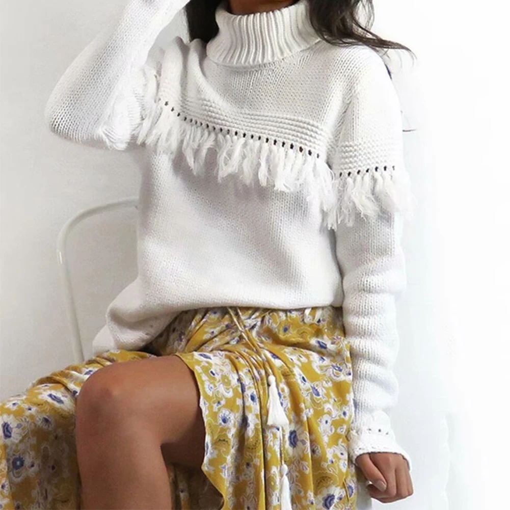 Sweaters Female Autumn Winter Turtleneck Pullover Jumper White Tassel Split Hole Clothing For Ladies Women Sweater | Женская одежда