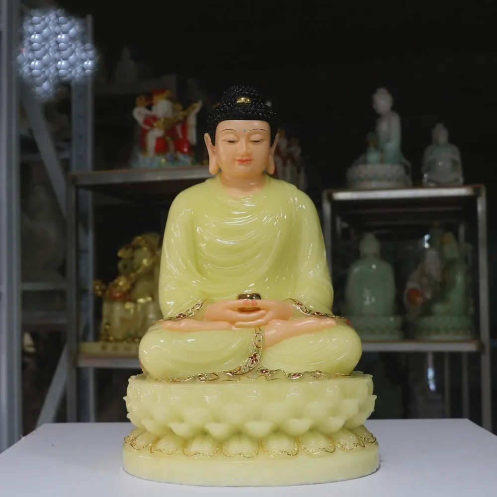 

32CM Large - high-grade Home Hall Buddhism efficacious Talisman Mascot Buddhist Sakyamuni Buddha jade gilding Sculpture statue