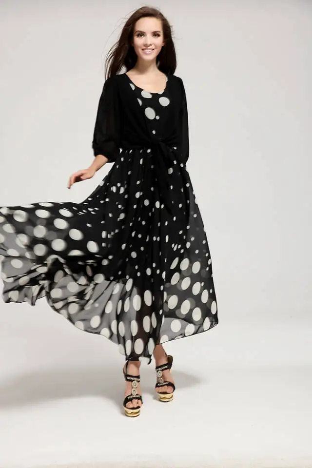 Women 2017 Summer Fashion Elegant Brief Black and White Polka Dot Sleeveless Plus Size Tank Full Dress Beach Wear Vestido | Женская