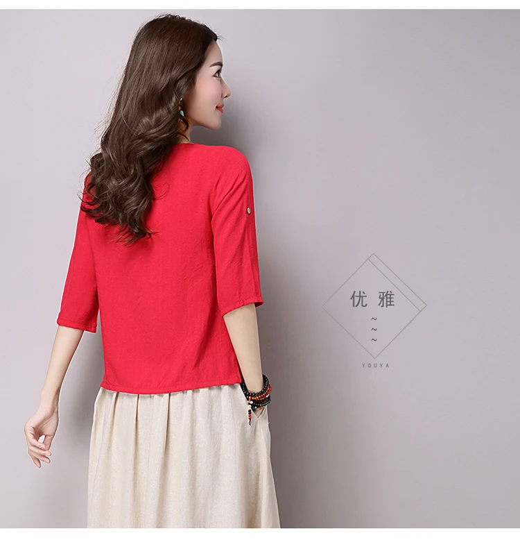 Женская хлопковая льняная рубашка с круглым вырезом и рукавом 3/4 свободные топы