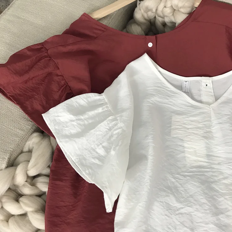 OPZC Summer New Korean Version of The 2018 Simple Solid V-neck Loose Doll Shirt Women's 878 |