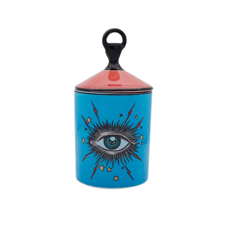 

Big Blue Eyes Aromatherapy Jar with Red Grab Ring Lid Dressing Table Jewelry Storage Box Ceramic Bottle Craft for Home Decor