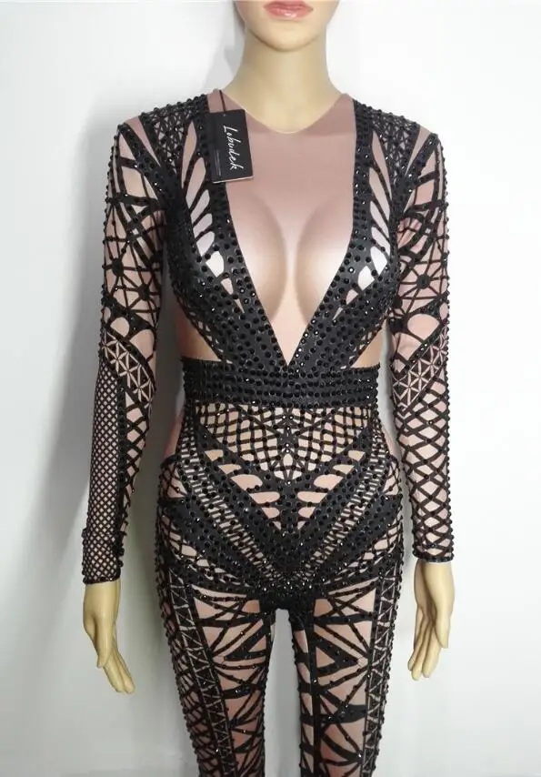 Черный белый трико с кристаллами соблазнительный комбинезон в европейском стиле