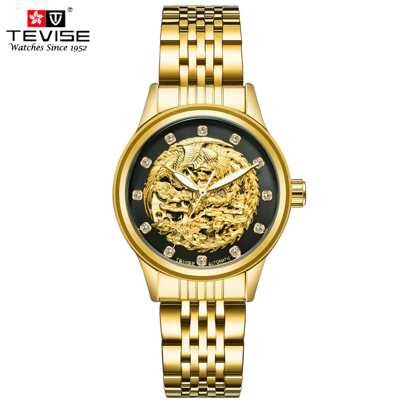 TEVISE женские роскошные золотые автоматические механические часы с Фениксом