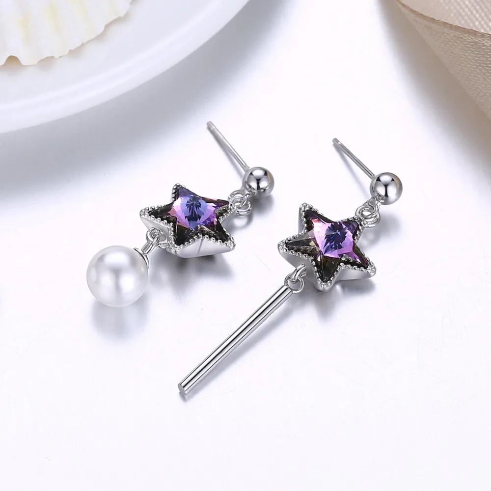 Женские асимметричные серьги Swarovski подвески с фиолетовыми звездами и жемчугом
