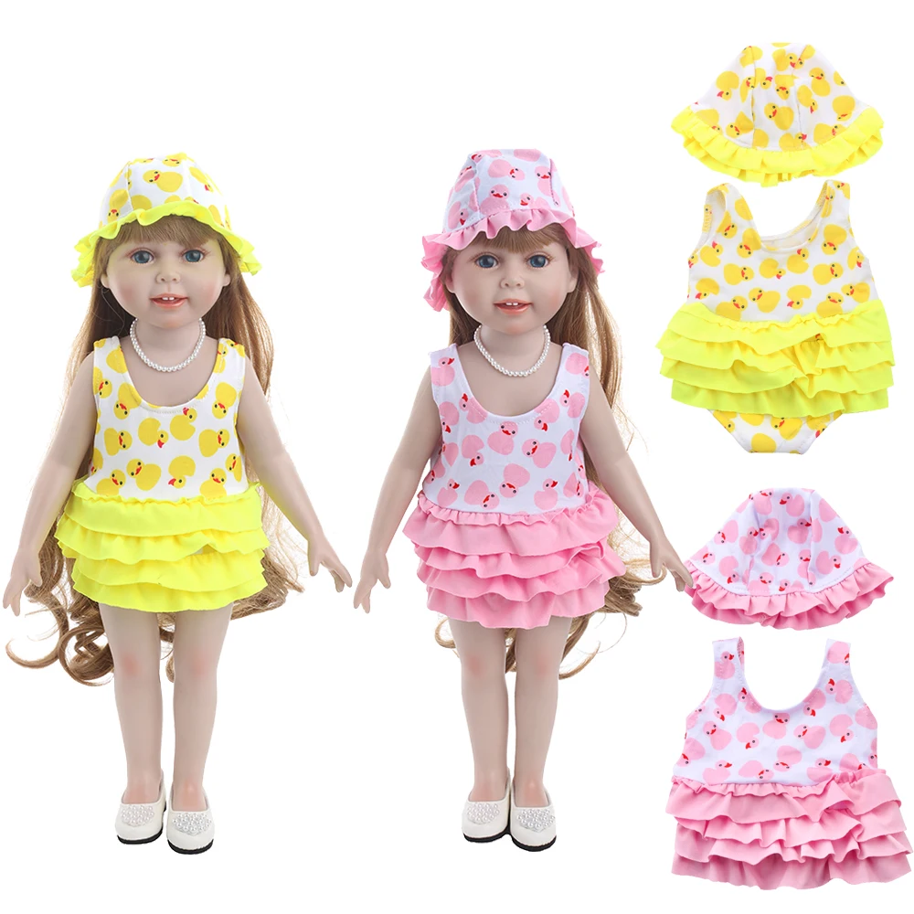 

18 inch Girls doll clothes yellow duck swimsuit + fisherman's hat American new born dress Baby toys fit 43 cm baby c751