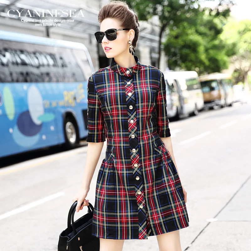 2016 Осенняя модная клетчатая плиссированная приталенная рубашка с воротником