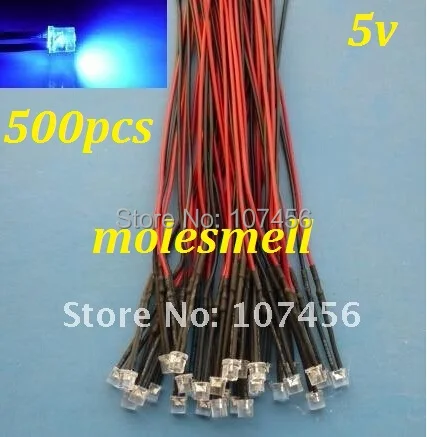 Free shipping 500pcs Flat Top Blue LED Lamp Light Set Pre-Wired 5mm 5V DC Wired 5mm 5v big/wide angle blue led
