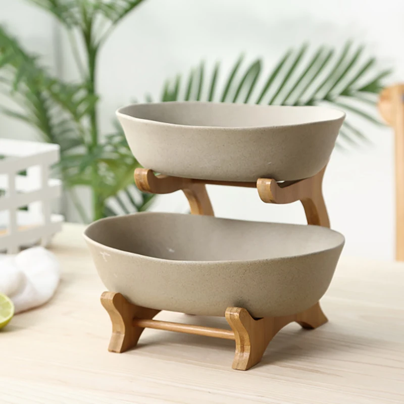 Two Tiers Frosted Ceramic Serving Bowl Decorative Pottery Dinner Plate Bamboo Dinnerware Centerpiece For Fruit Salad And Snac | Дом и сад