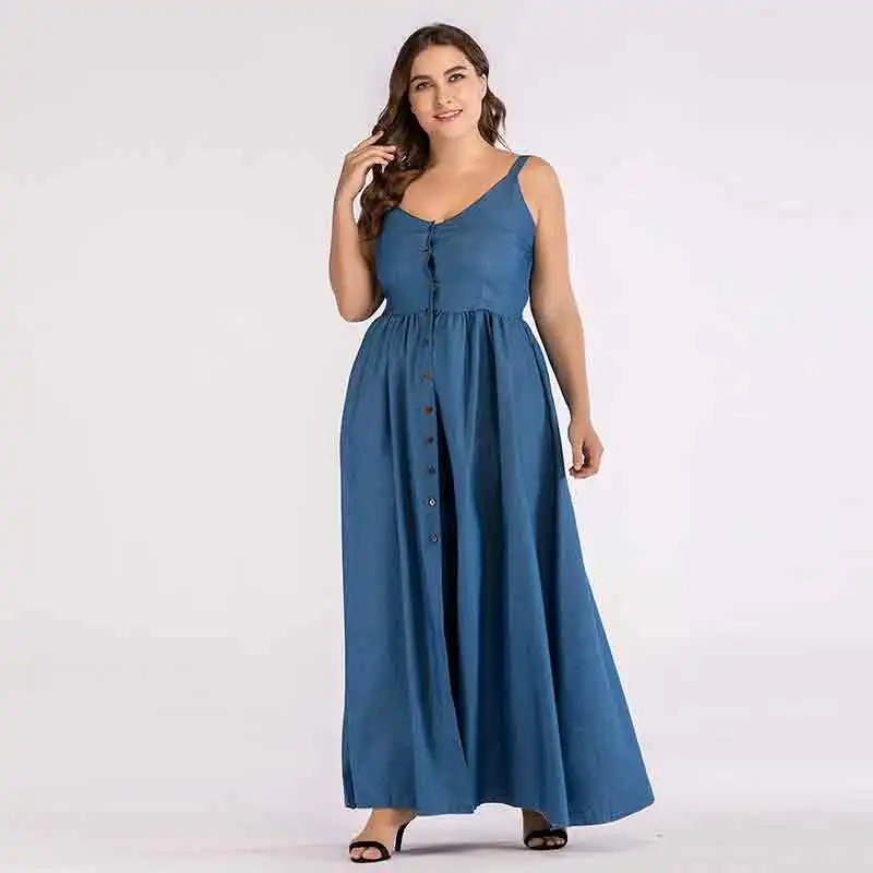 Платье на бретельках женское синее с треугольным вырезом и высокой талией